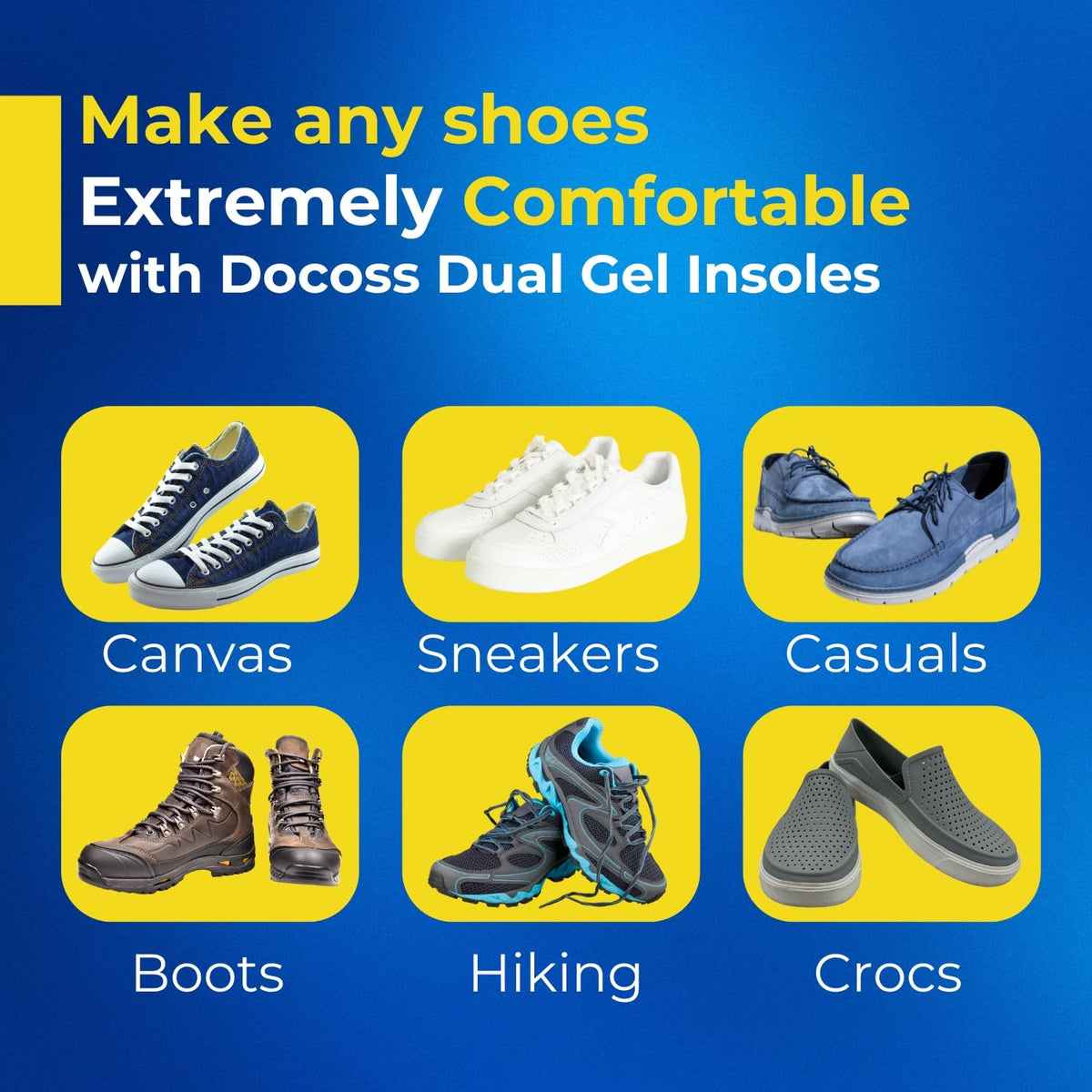 DOCOSS x Poron USA-Made Gel Insoles for Men & Women offer superior comfort with a patented dual-gel design, medial arch support for flat feet, and shock absorption. Ideal for loose shoes, replacement inserts, and everyday foot pain relief.
