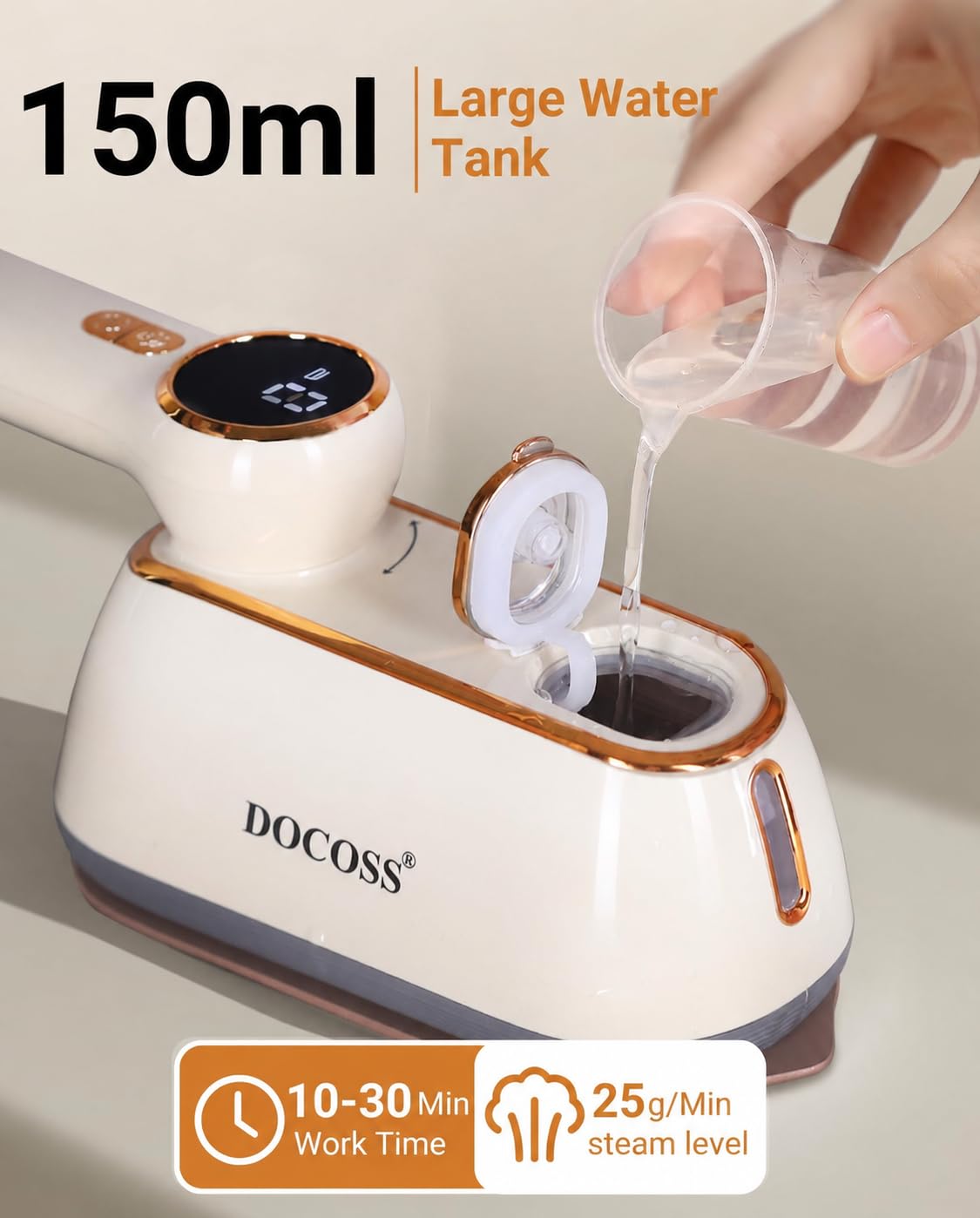 Docoss Foldable Mini Steam Iron For Travel,Portable,1500 Watts Vertical & Horizontal Travel Garment Steamer For Clothes with LCD Display|10s Fast Heating|150ML Water Tank Travelling Steam Press