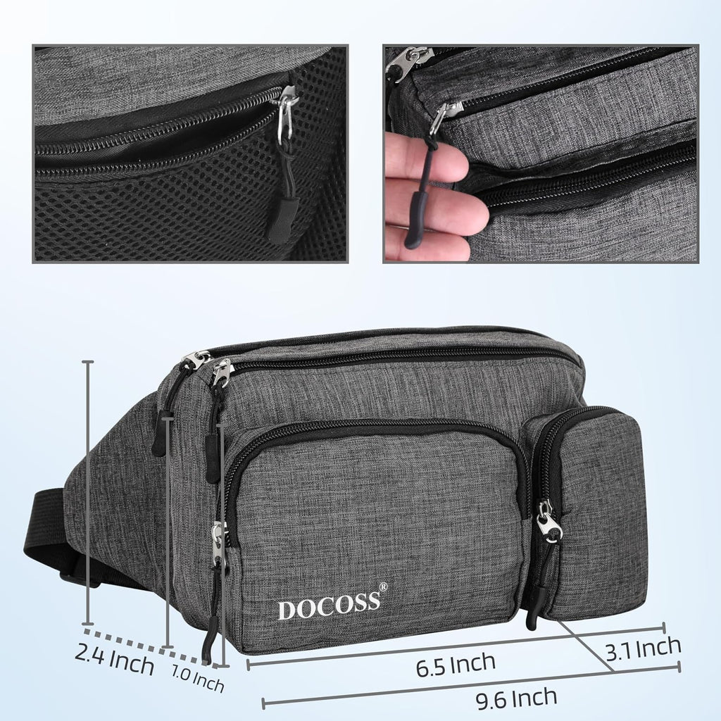 DOCOSS-Fanny Pack for Men,Women,Waterproof Waist Bag,1 RFID Safe Pocket,Premium Stitching & Zippers Travel Side Bag for Men,Women -Belt Bag with Extra Extendable Belt for Travelling