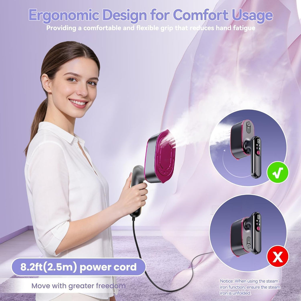 Docoss 2-in 1 Handheld Garment Steamer For Clothes, 1300 Watts Mini Steam Iron For Travel, Vertical & Horizontal with LCD Display|10s Fast Heating|180ML Water Tank Portable Travelling Steam Iron