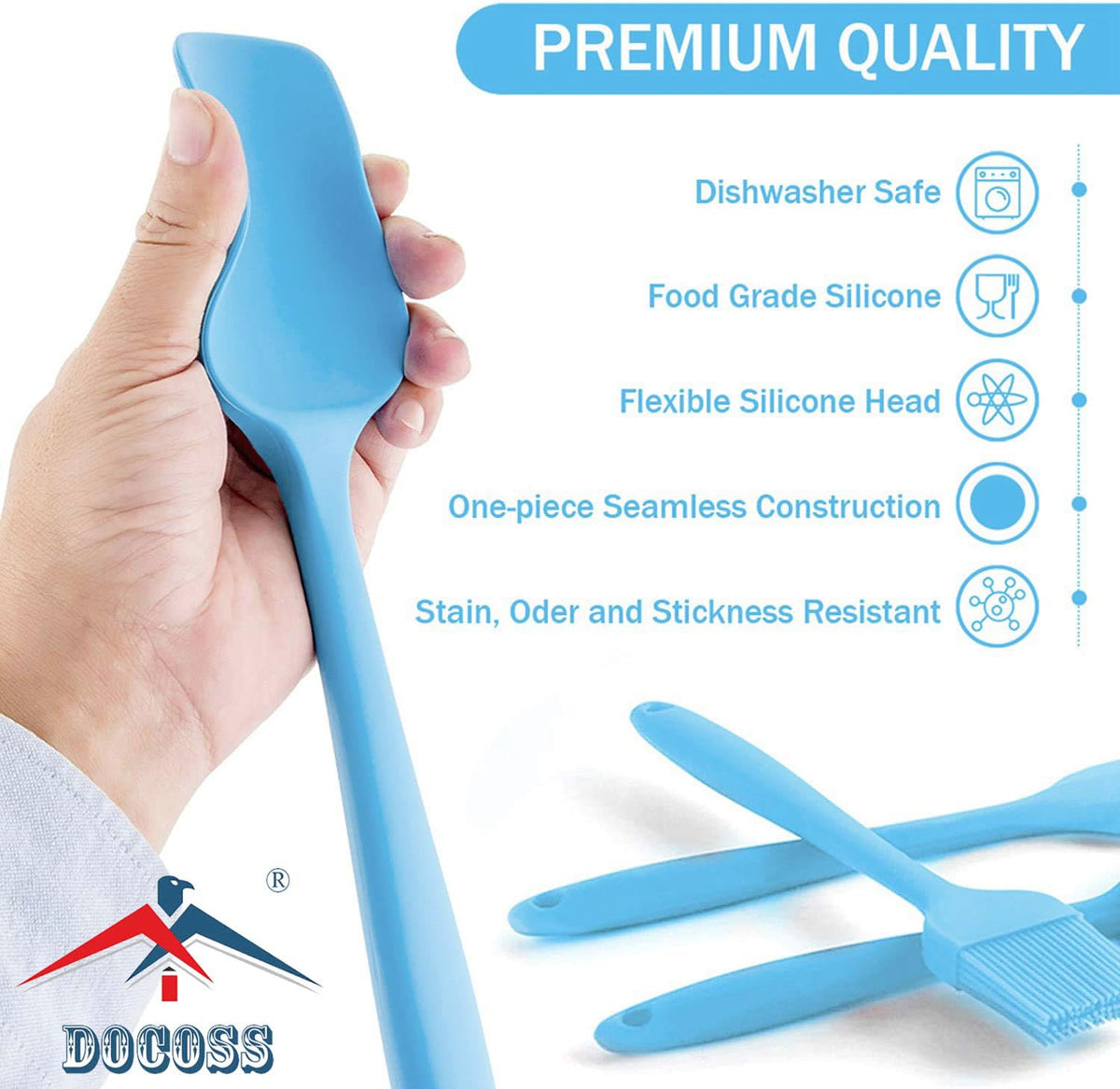 DOCOSS Silicone and Stainless Steel Core Nonstick Spatula Cooking Set for for Kitchen & Baking, Set of 6 - (Light Blue)