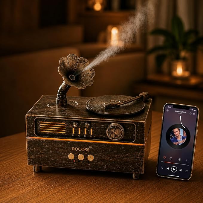 Docoss 2 in 1 Gramophone Aroma Diffuser for Home Electric with Bluetooth Speaker,Essential Oil Diffuser for Home & Bedroom with Remote, 6 LED Light, Retro Design for Home Decor (Antique)
