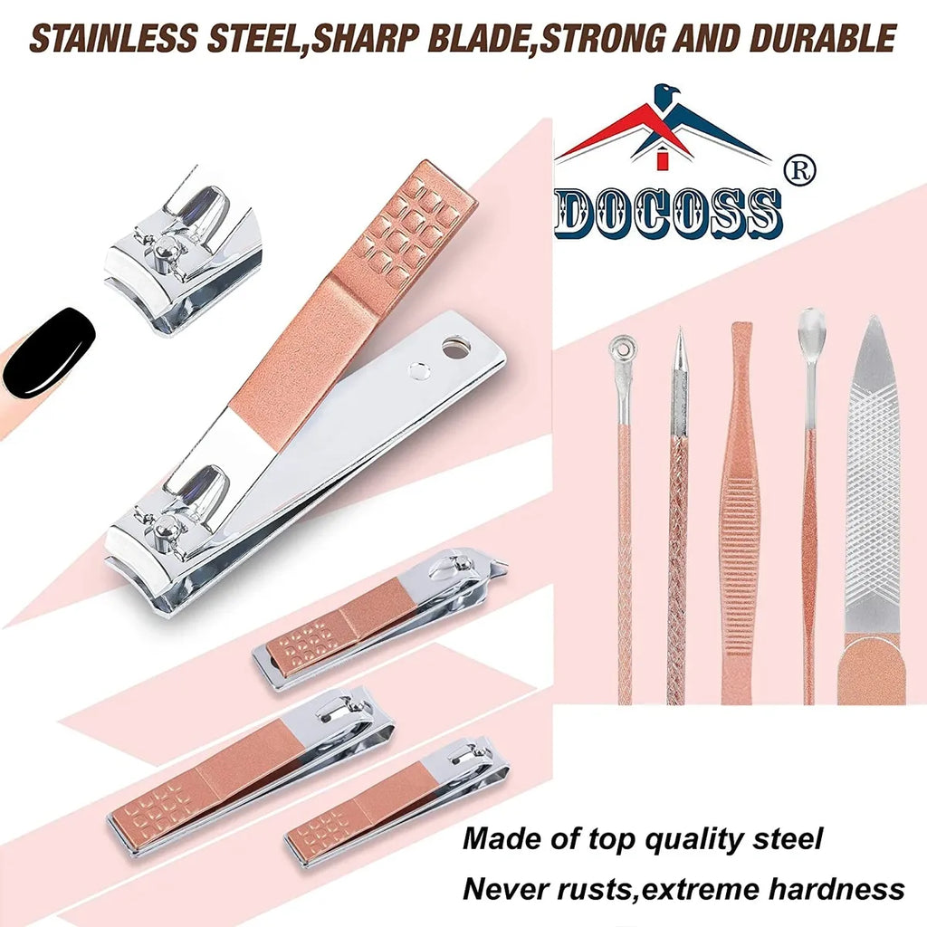 DOCOSS-16 IN 1 Manicure Kit For Women Stainless Steel Nail Cutter Set For Women Pedicure Tools Set Grooming Kit With Acne needle, Blackhead Tool & Leather Pouch