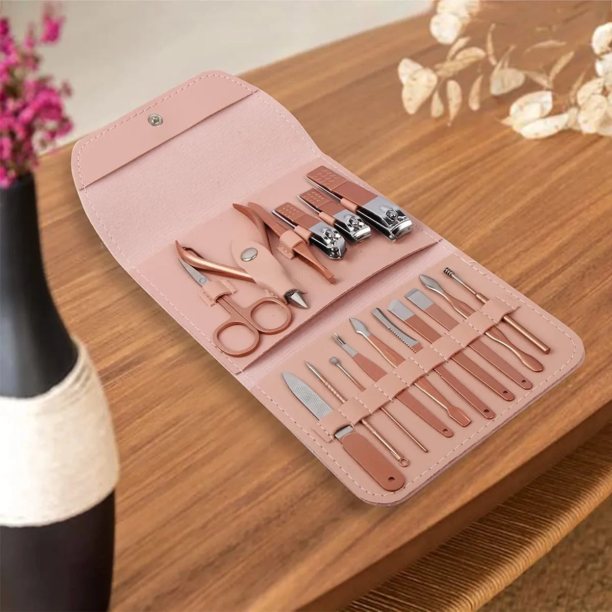 DOCOSS-16 IN 1 Manicure Kit For Women Stainless Steel Nail Cutter Set For Women Pedicure Tools Set Grooming Kit With Acne needle, Blackhead Tool & Leather Pouch