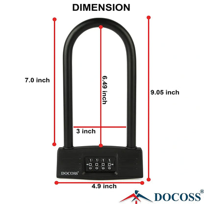 DOCOSS Metal U Lock for Cycle Bike , Cycle Lock / Bicycle Lock , Heavy Duty Helmet Lock Combination Bike Lock / Strong Password Lock for Bike (Black)