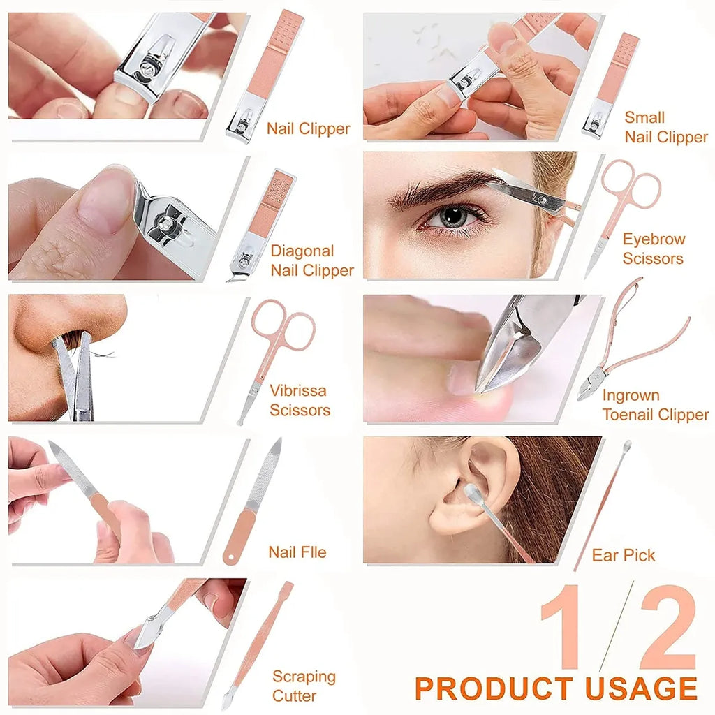 DOCOSS-16 IN 1 Manicure Kit For Women Stainless Steel Nail Cutter Set For Women Pedicure Tools Set Grooming Kit With Acne needle, Blackhead Tool & Leather Pouch