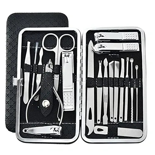 DOCOSS-19 IN 1 Stainless Steel Manicure Kit Nail Cutter For Men Women Manicure Pedicure Kit With Grooming Kit, Acne needle,Nail Filer Kit, Nail Cutter Set With Leather Case