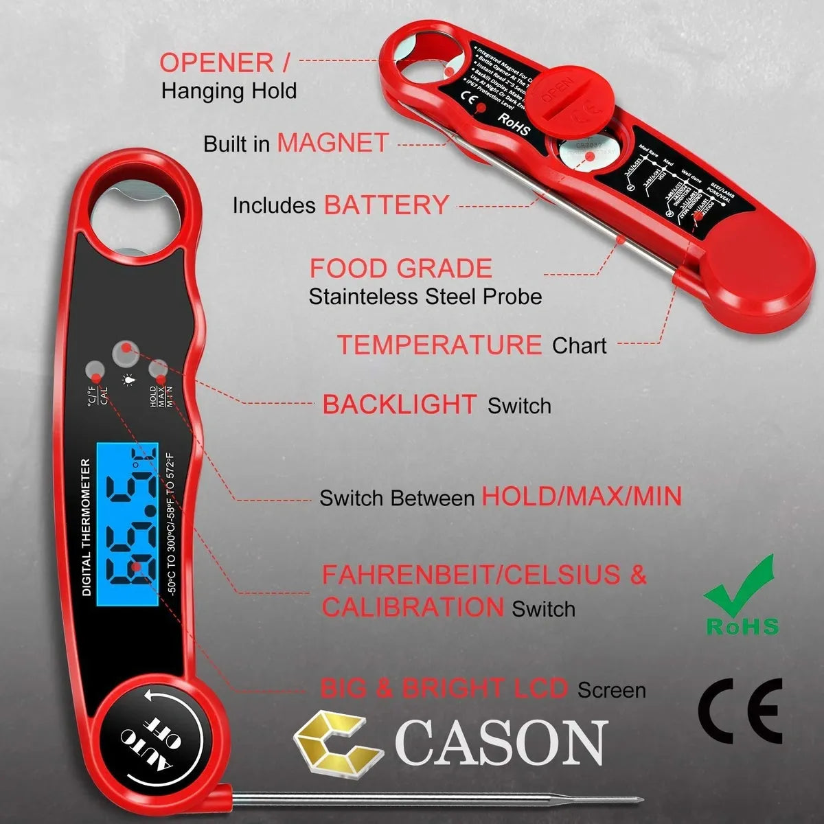 CASON  -ABS Proffesional Waterproof Digital Lcd Cooking Food Thermometer / Kitchen thermometer For Cooking Bbq/barbeque Thermometer Temperature Test Pen (Red)