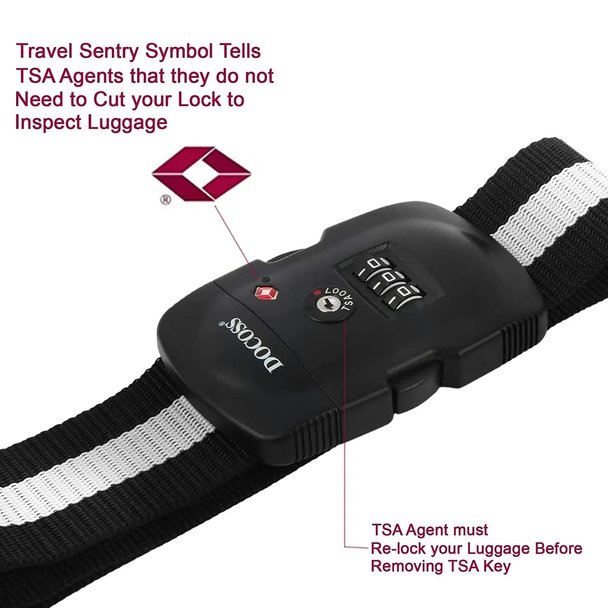 DOCOSS 016 TSA Locks Strap Number Lock for Luggage Belt Adjustable Luggage Strap Locks / Combination Password Luggage Locks for Travel (BLACK)