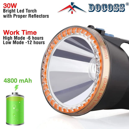 DOCOSS A51 -30 W Torch Light High Power Long Distance Long Range ,4800 mAh / 6-12 Hours High Battery Back up Water Resistance Rechargeable Led Torch Ultra Bright Kisan Search Light(Black)